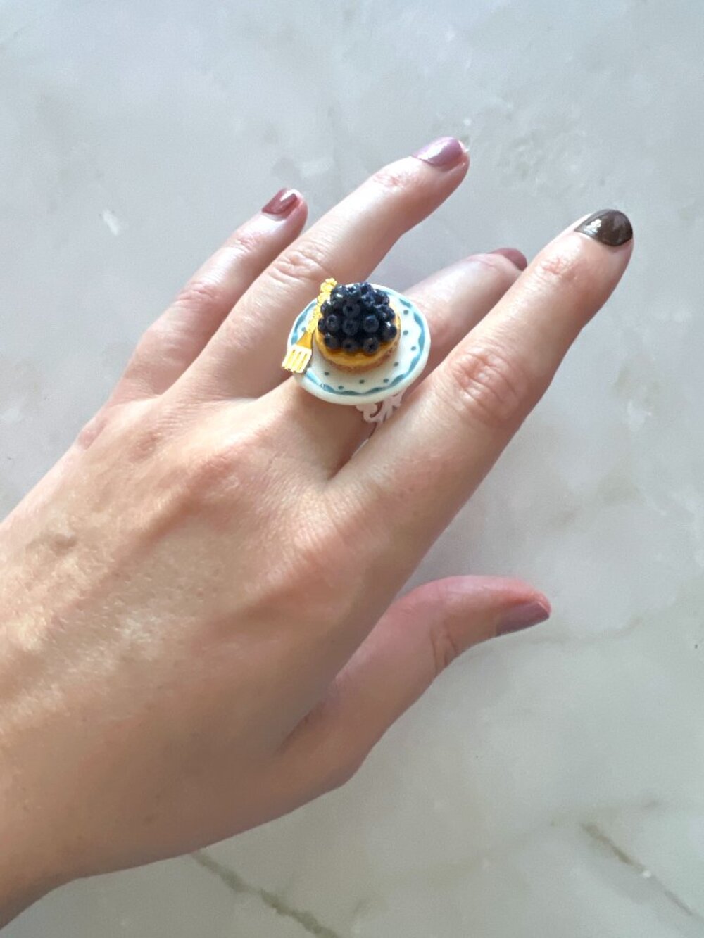 Blueberry Cake Ring | Adjustable Miniature Food Jewelry | Handmade Dessert Ring